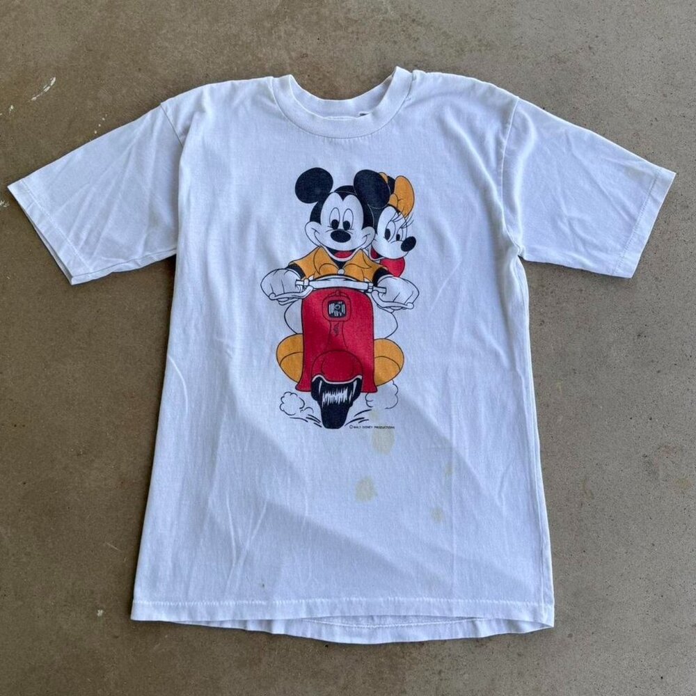 1980s MICKEY & MINNIE MOUSE MOPED SCOOTER WHITE SINGLE STITCH GRAPHIC TEE